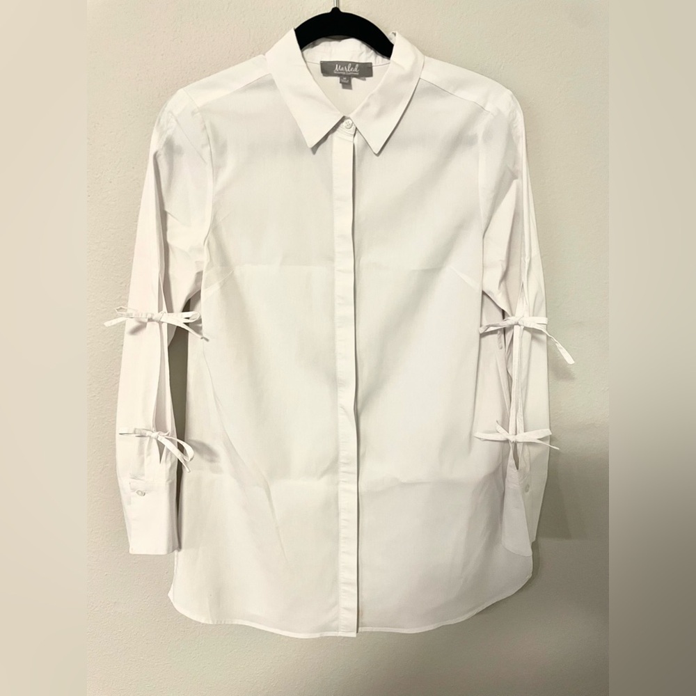 Women's White, Collared Button Down, Long Sleeve, Tie Sleeve, Top